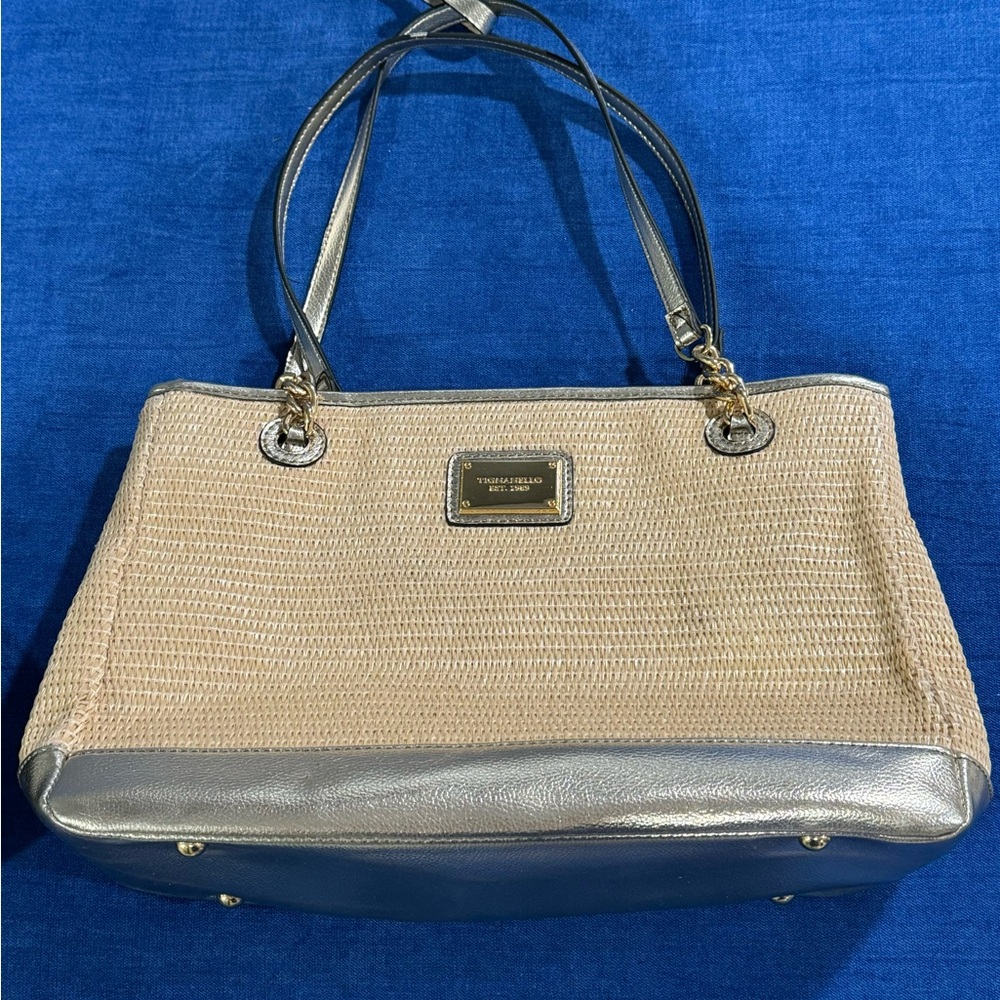 Tignanello Rattan Woven Faux Leather Gold Metallic Trim Shoulder Bag Purse